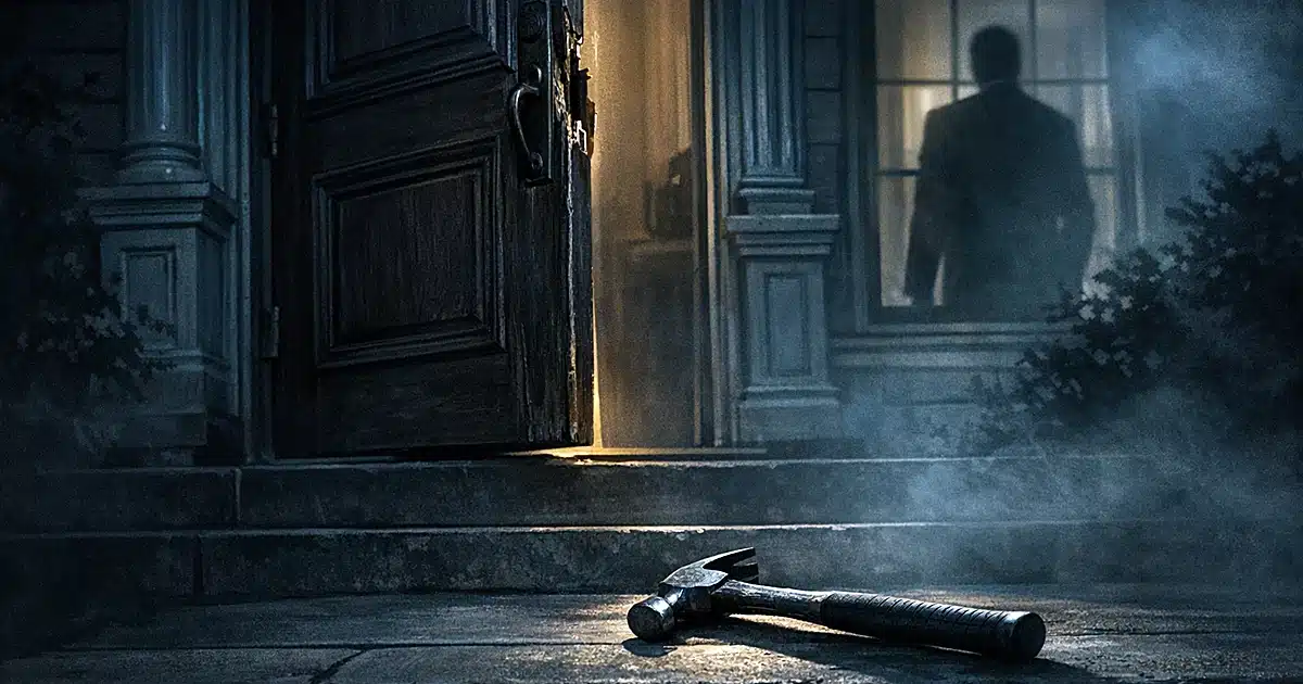 Hammer on residential steps near damaged door at night, silhouette visible through window, depicting home invasion scene