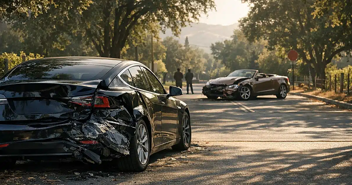 Damaged black Tesla with crumpled rear end on quiet street, brown convertible with front damage blocking road ahead