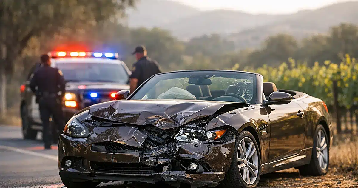 Damaged brown convertible on roadside with sheriff patrol car emergency lights flashing behind it in Napa Valley