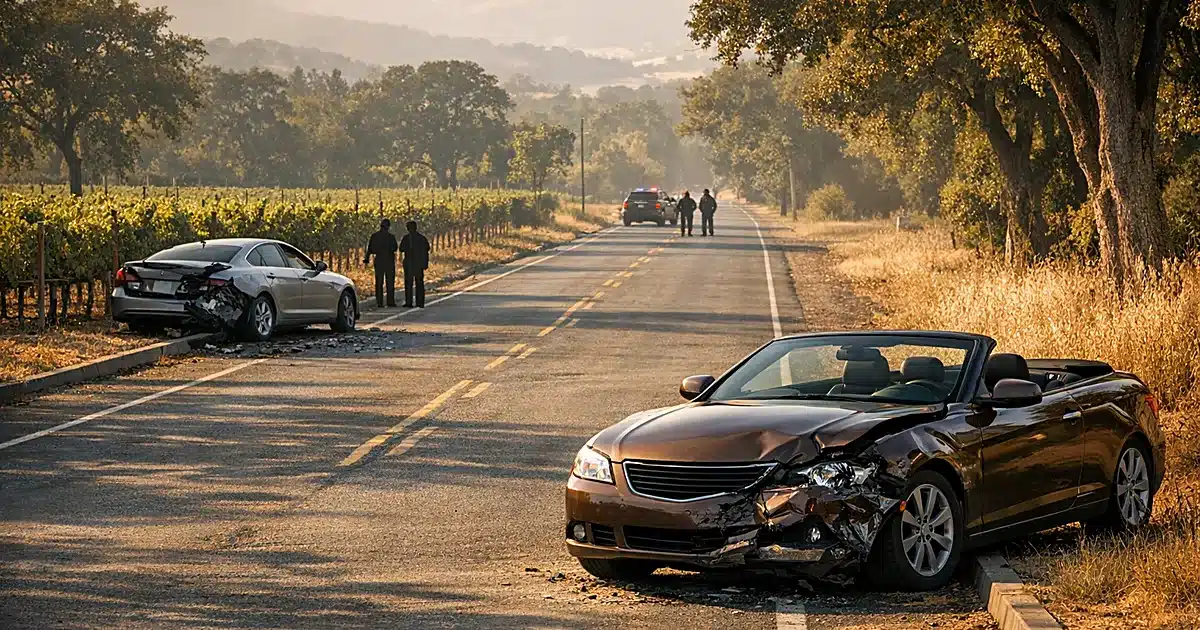Damaged brown convertible and crushed parked car separated on a rural Napa Valley road with visible collision damage