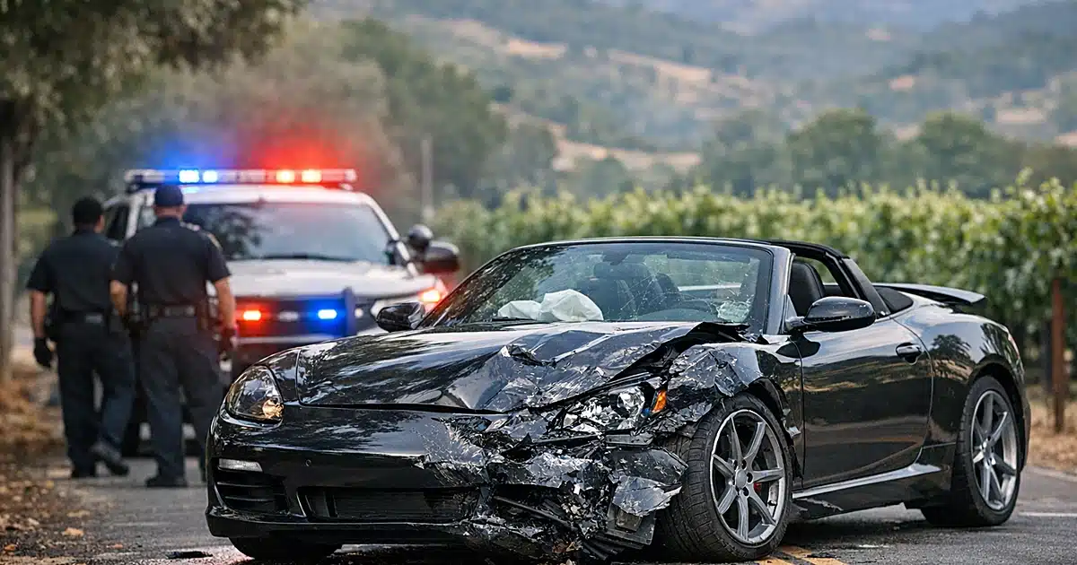 Damaged luxury convertible blocking residential street with sheriff patrol car emergency lights behind it
