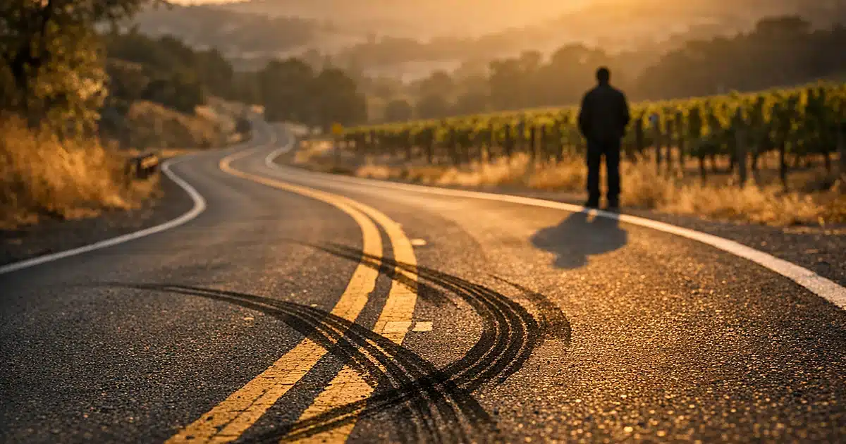 Curved road with tire marks crossing center line in Napa Valley at sunset with distant silhouette