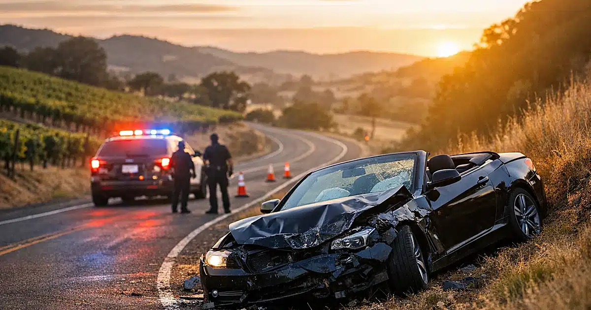 Damaged luxury convertible on shoulder of winding wine country road with emergency lights in distance at sunset