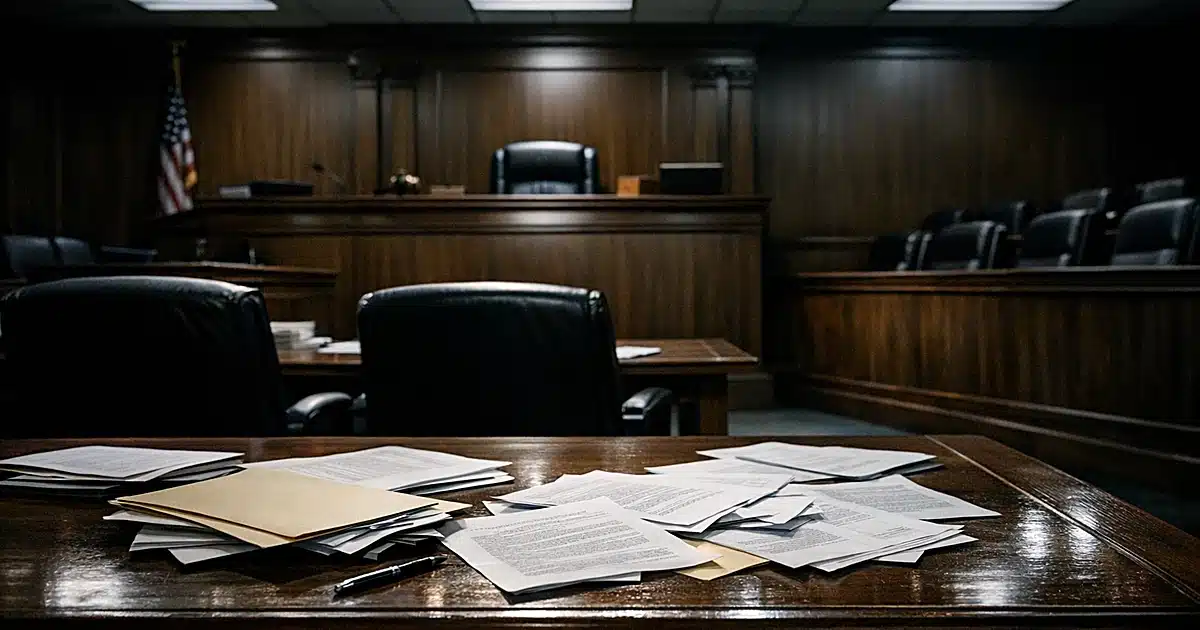 Empty Pennsylvania courtroom with scattered legal documents on table and vacant judicial bench in shadow