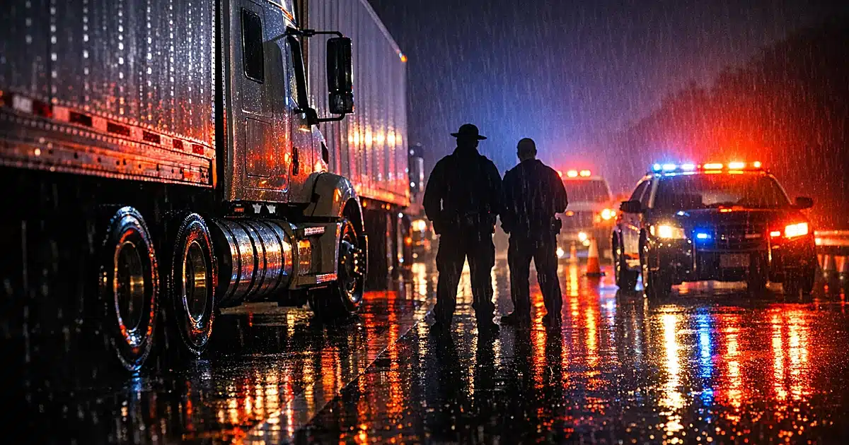 Commercial semi-truck on wet highway shoulder illuminated by emergency vehicle lights at night