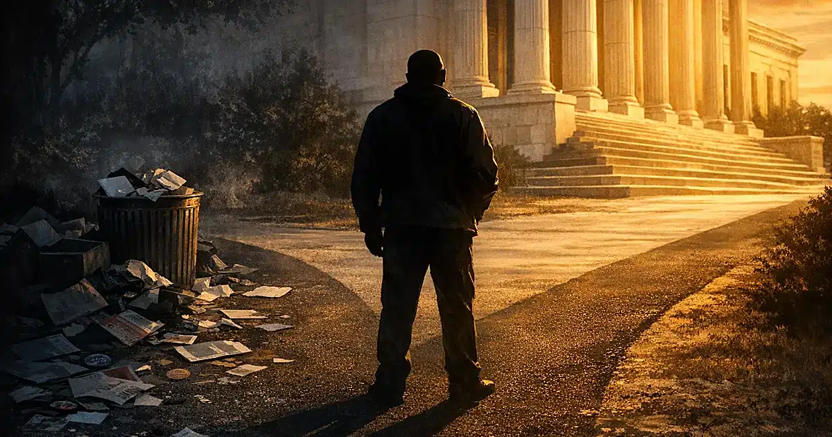 Silhouette at crossroads between scattered campaign materials and institutional marble steps