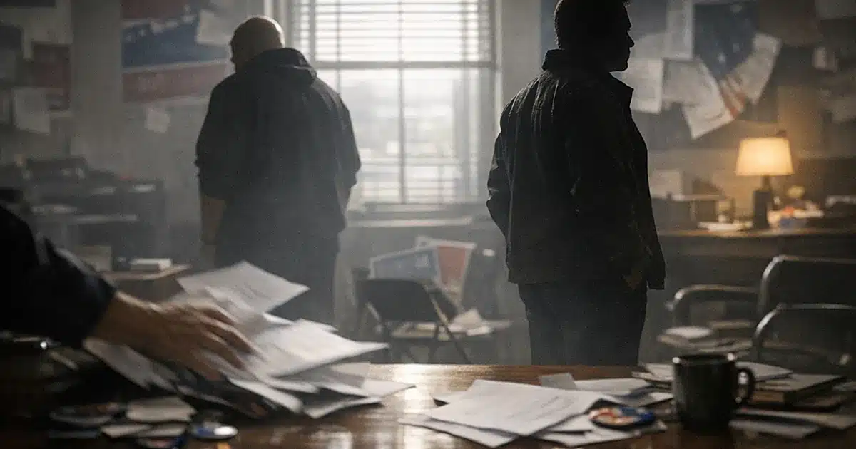 Political campaign office with scattered papers and silhouetted figures standing apart in tense separation