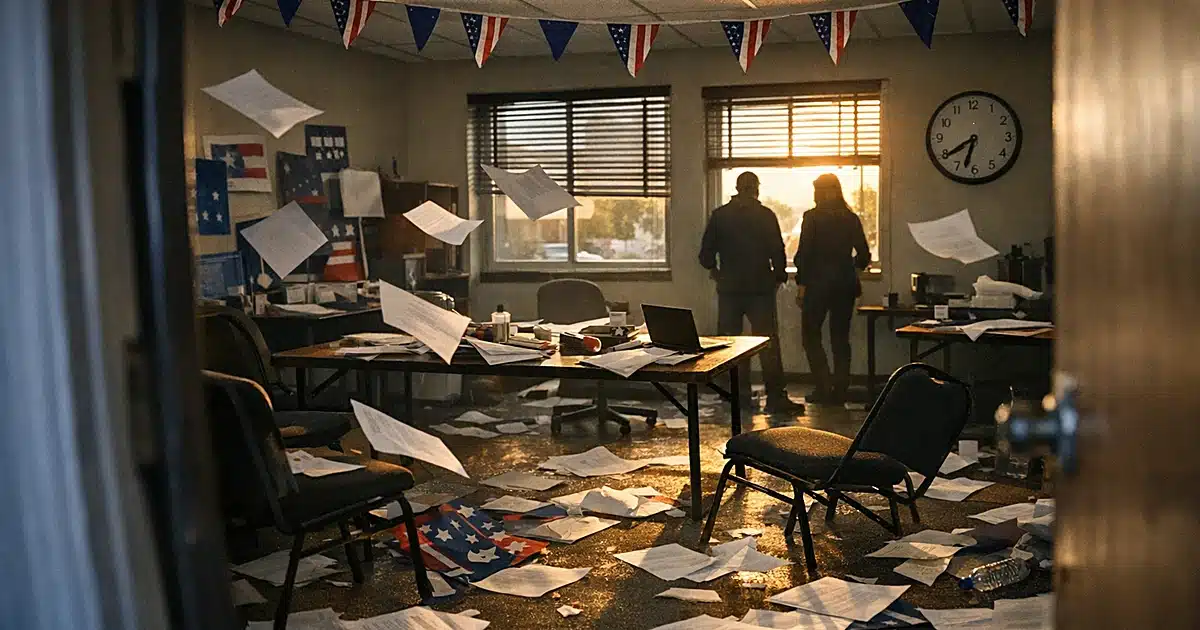 Empty campaign office with scattered papers and overturned chairs in dramatic afternoon light