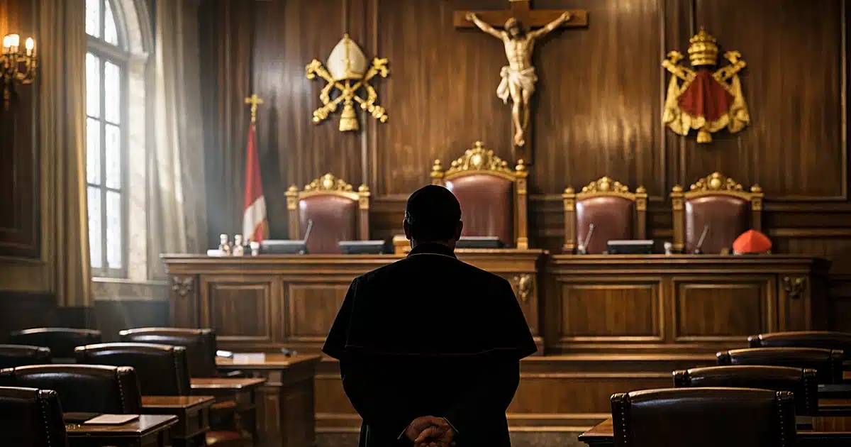 Silhouetted clergy member standing before empty Vatican tribunal bench in ornate cathedral chamber