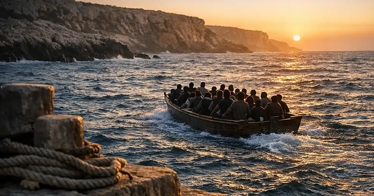 Silhouetted migrants in small boat approaching Mediterranean coastline at sunset with rocky shore in foreground