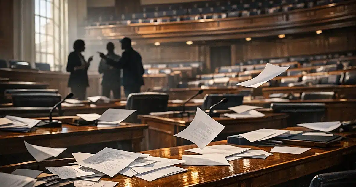 Legislative chamber interior with scattered papers across empty desks in dramatic natural lighting