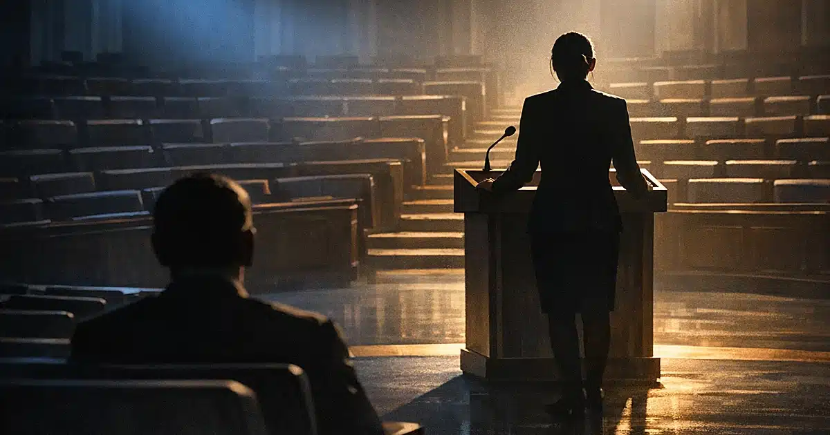 Silhouetted figure at podium facing empty chamber seats with another silhouette in foreground audience