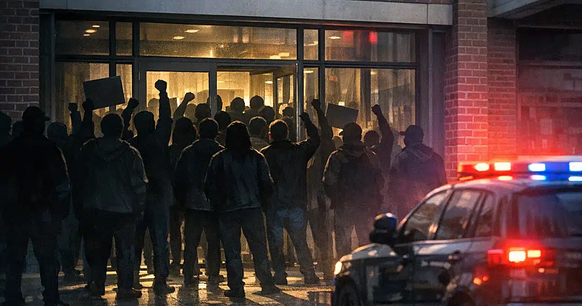 Silhouetted protesters gathered at office building entrance with police vehicle lights reflecting on windows
