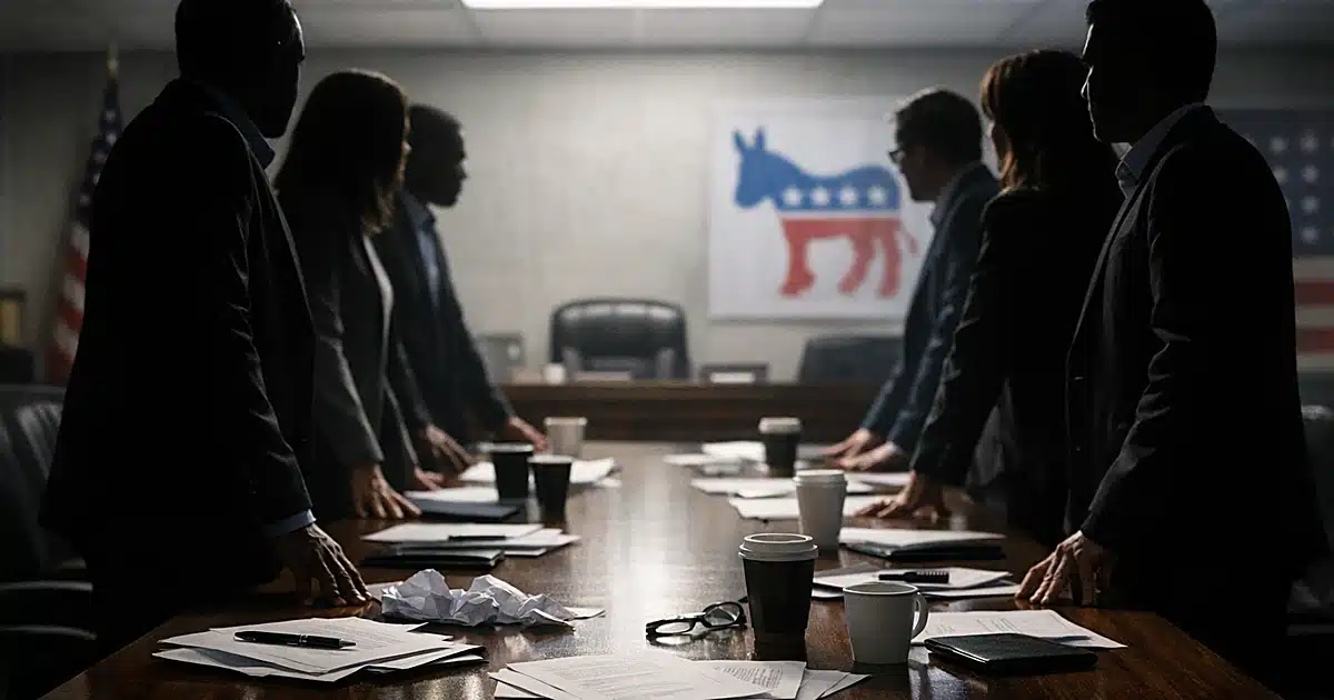 Silhouetted figures stand on opposite sides of conference table in tense political office setting