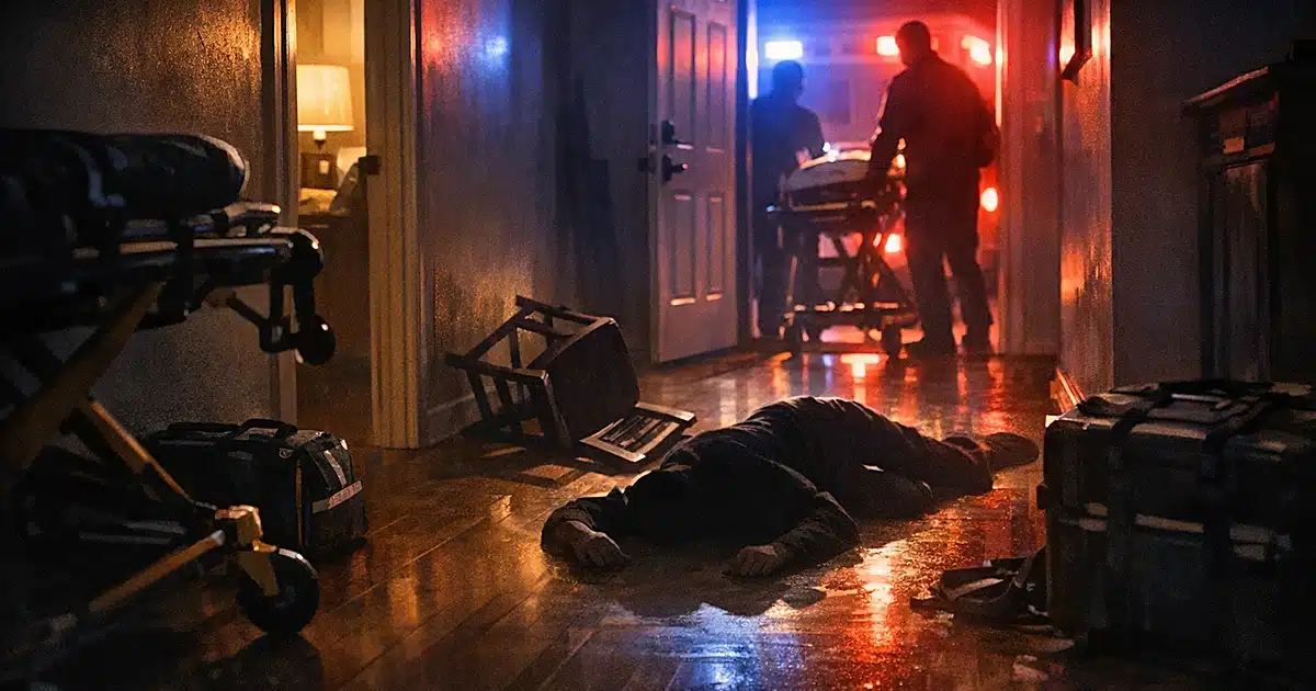 Silhouetted figure collapsed on residential floor with emergency lighting visible through doorway