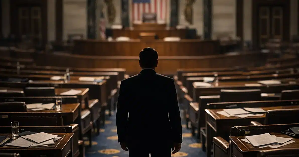 Silhouetted figure stands alone in empty congressional chamber with vacant seats and scattered papers