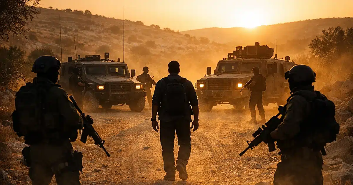 Military vehicles blocking a dusty checkpoint road in the West Bank at sunset with armed silhouettes
