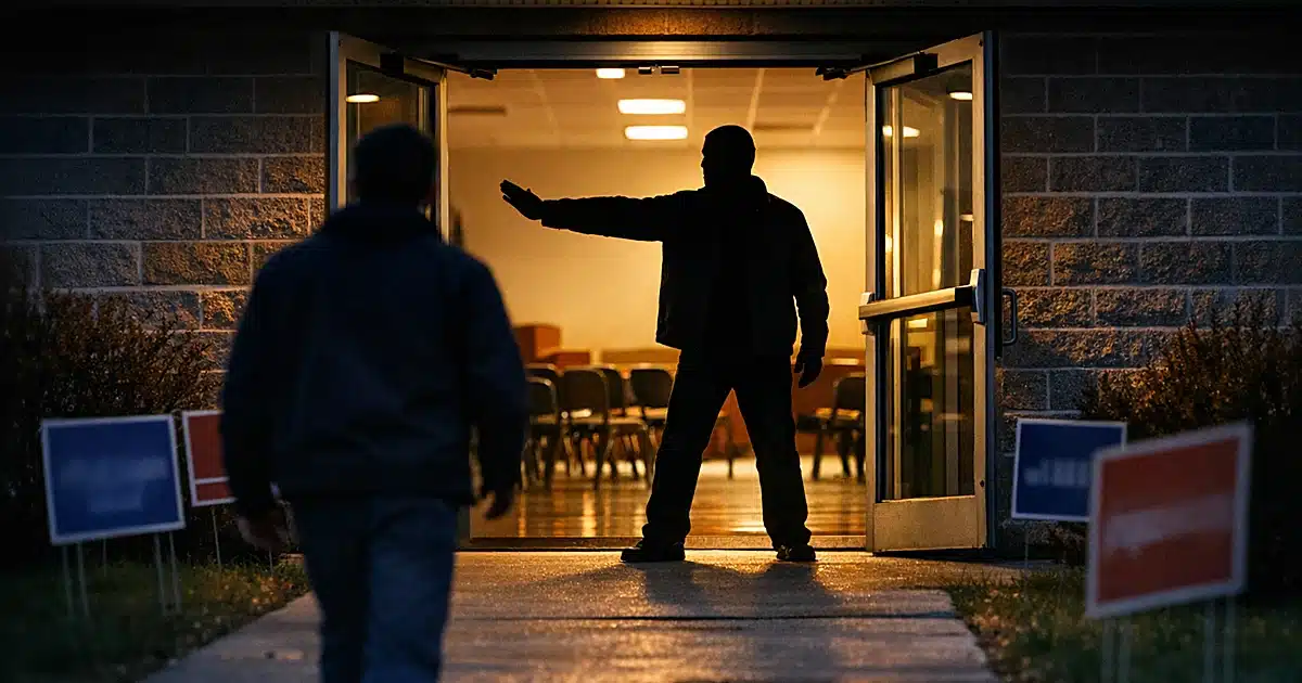 Silhouetted figure blocking entrance to lit community center at dusk with campaign signs in foreground