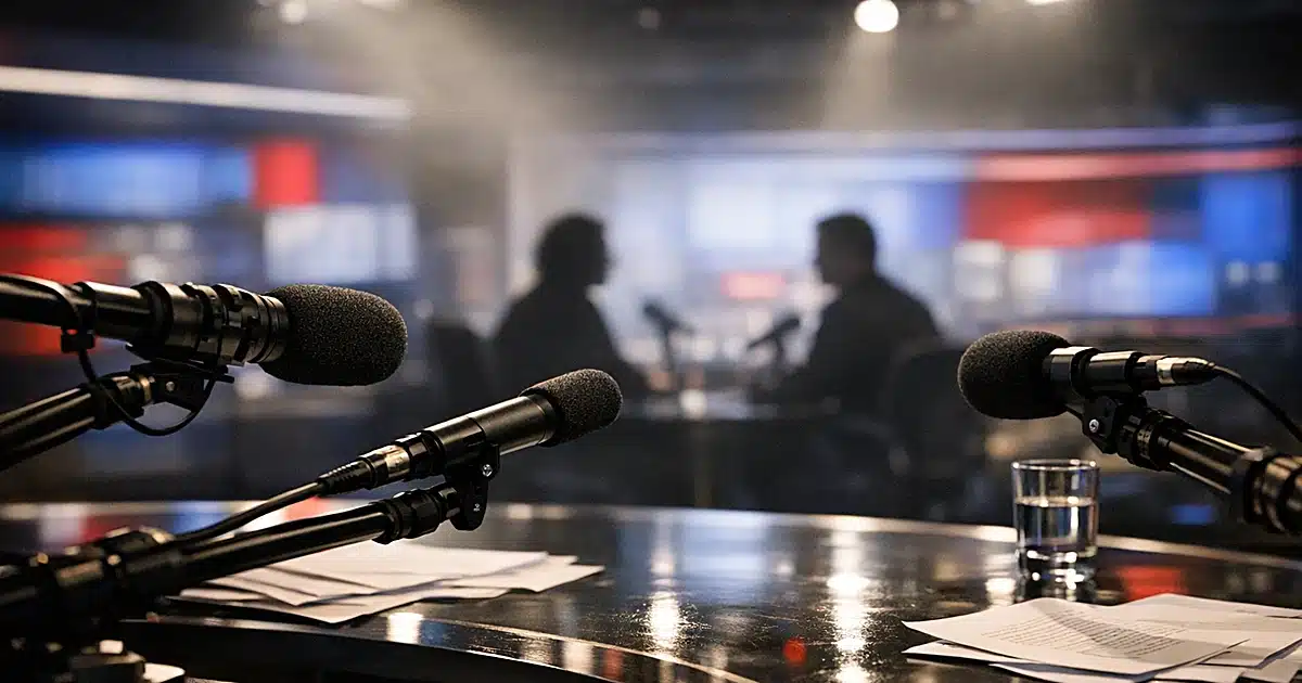 CNN broadcast studio with microphones and silhouetted figures during interview setup