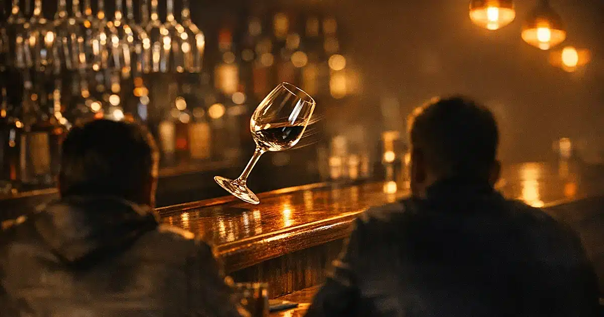 Wine glass appearing to move on bar shelf with silhouetted figures in dimly lit bar interior