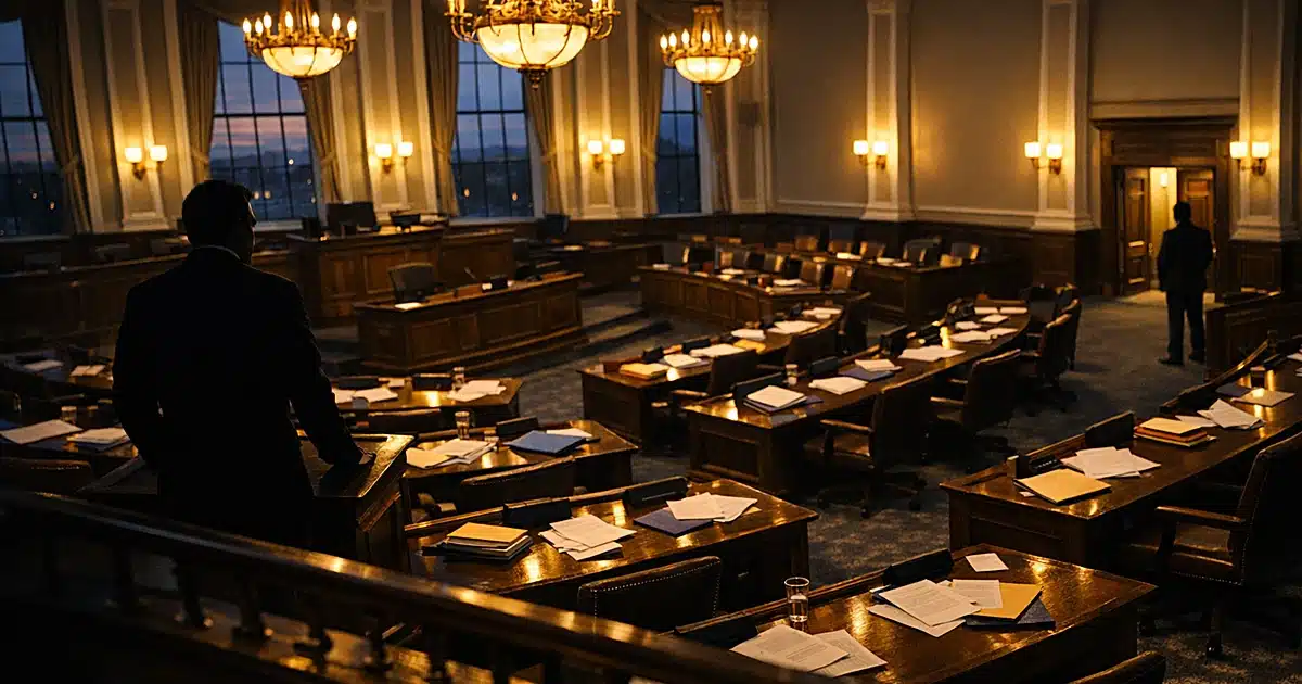 New Hampshire legislative chamber interior with two silhouetted figures standing at opposite ends among scattered papers