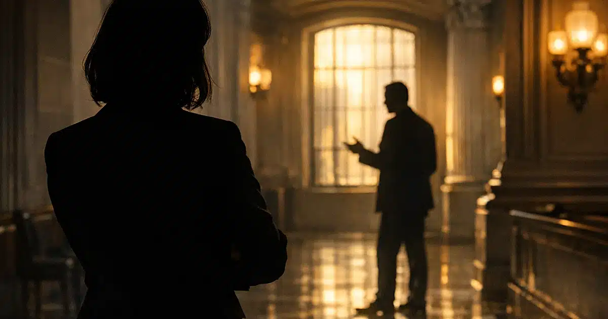 Two silhouetted figures in tense conversation in a San Francisco government building corridor with dramatic window lighting