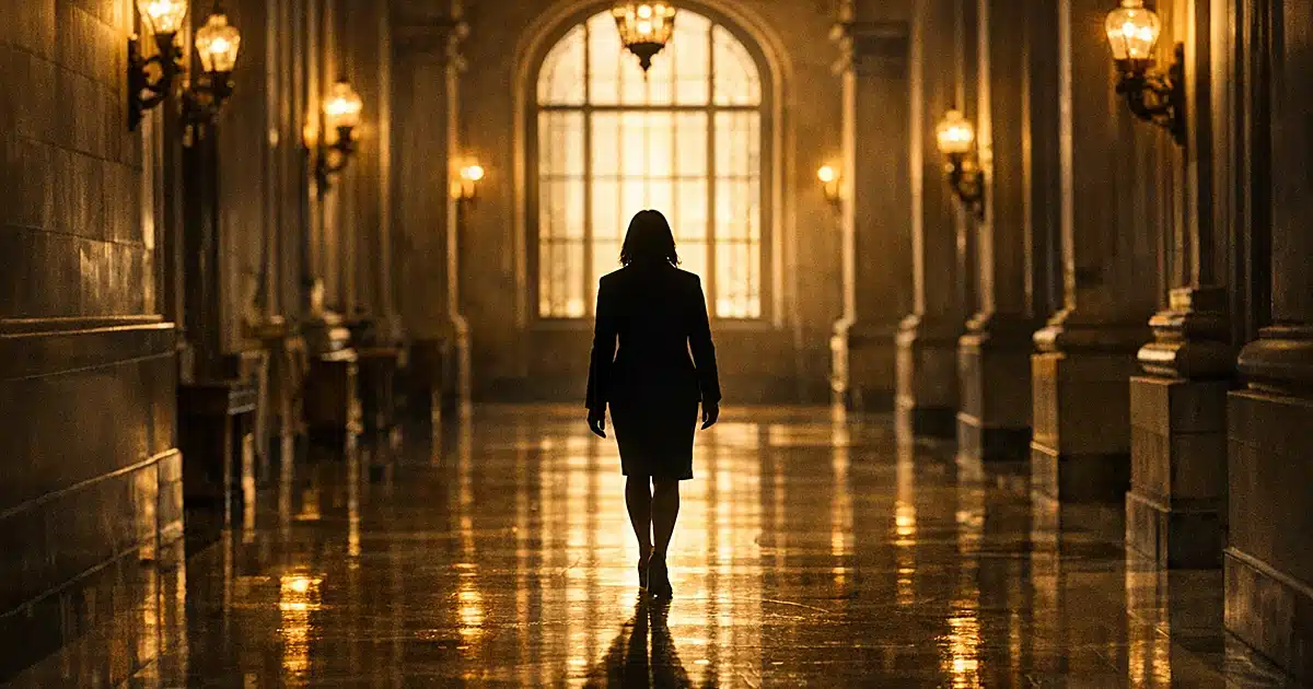Silhouetted figure walking alone through sunlit City Hall corridor with dramatic shadows on marble floor