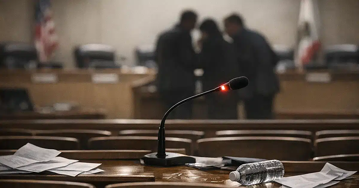 Empty city council chamber seats with scattered papers and officials in silhouette conferring at distant bench