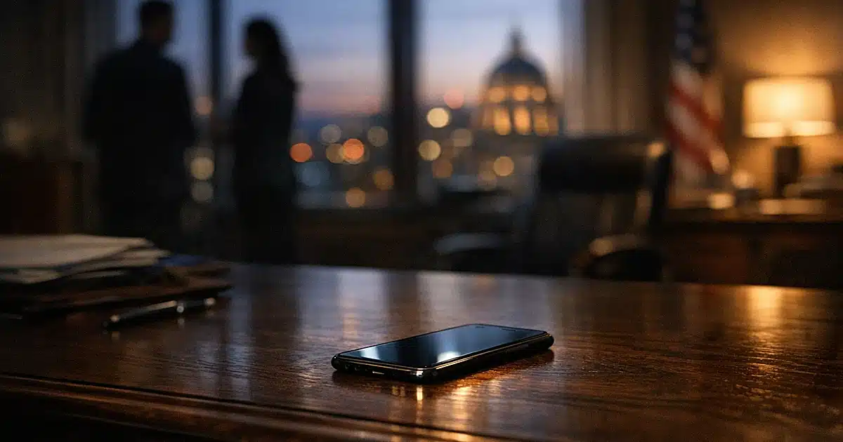 Smartphone on wooden desk in dimly lit city hall office with window showing evening skyline in background