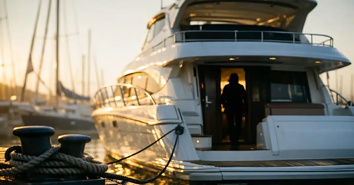 Luxury yacht moored at marina dock with open cabin door in early morning light