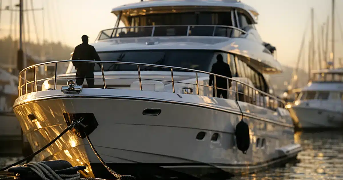 Luxury yacht moored at marina dock in early morning light with chrome railings and polished deck