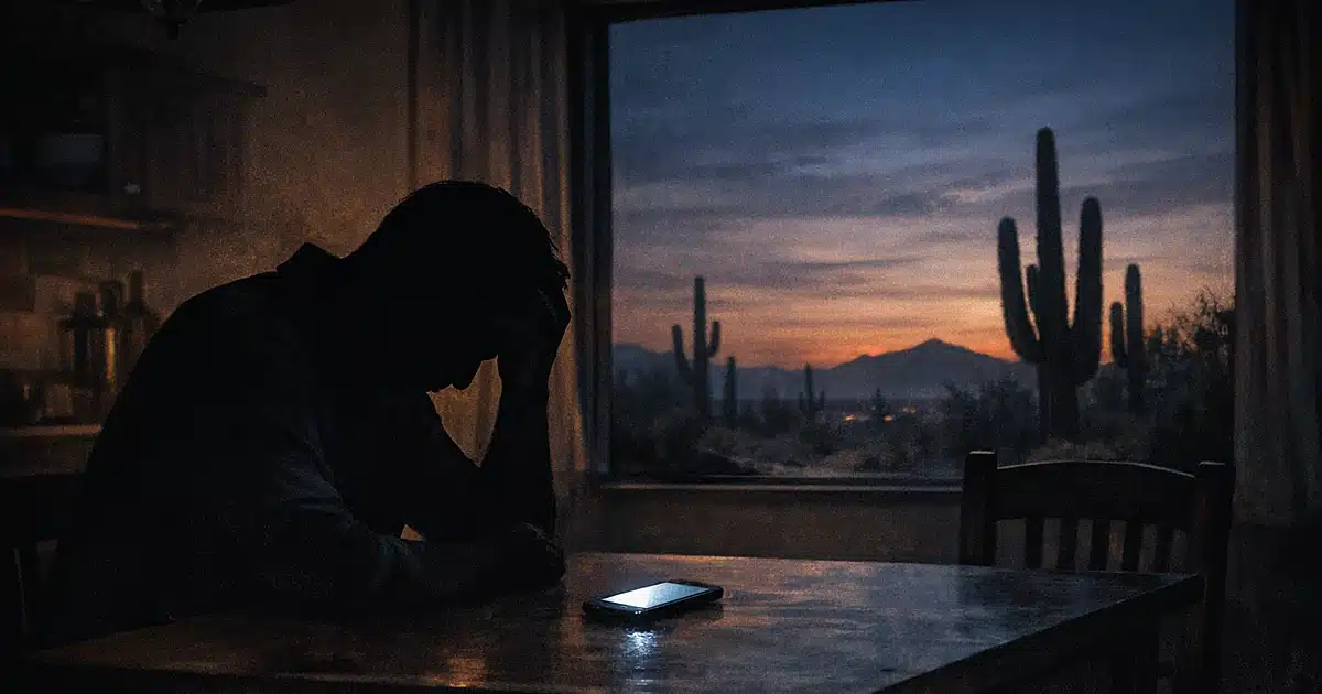 Silhouette of person at table with phone in darkened home with desert view through window