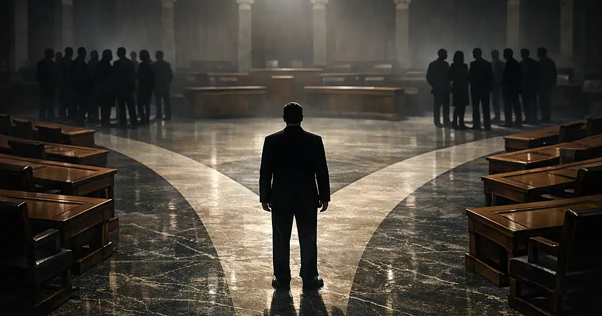 Silhouetted figure at crossroads between two groups in legislative chamber, viewed from behind