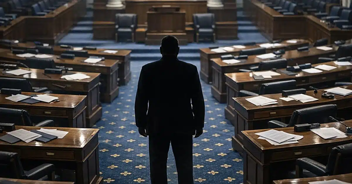 Empty legislative chamber with scattered papers on desks and lone silhouetted figure standing in center aisle