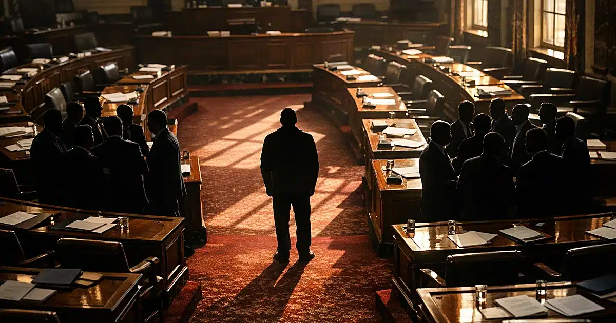 Senate chamber interior showing silhouetted figures divided into two groups with one person standing between them
