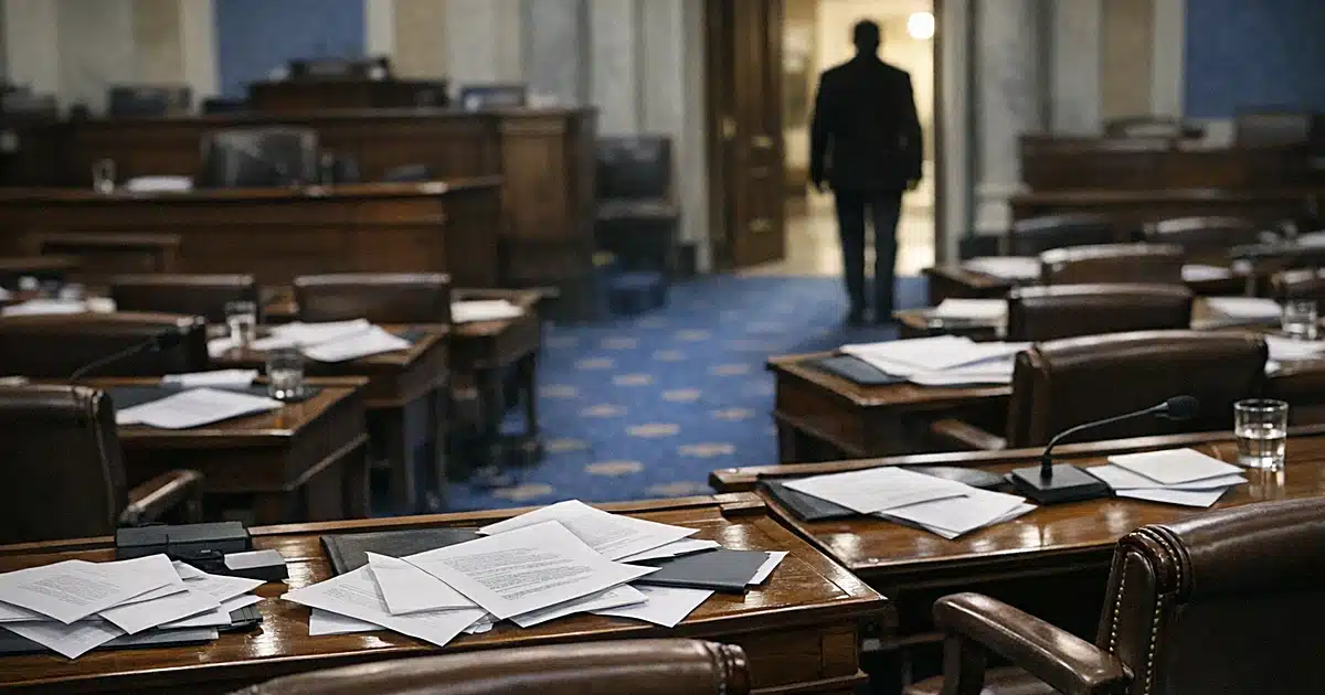 Empty Senate chamber with scattered papers and lone silhouetted figure in background
