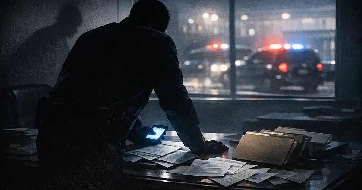Silhouetted figure at desk with glowing phone and documents in darkened government office with vehicle lights outside