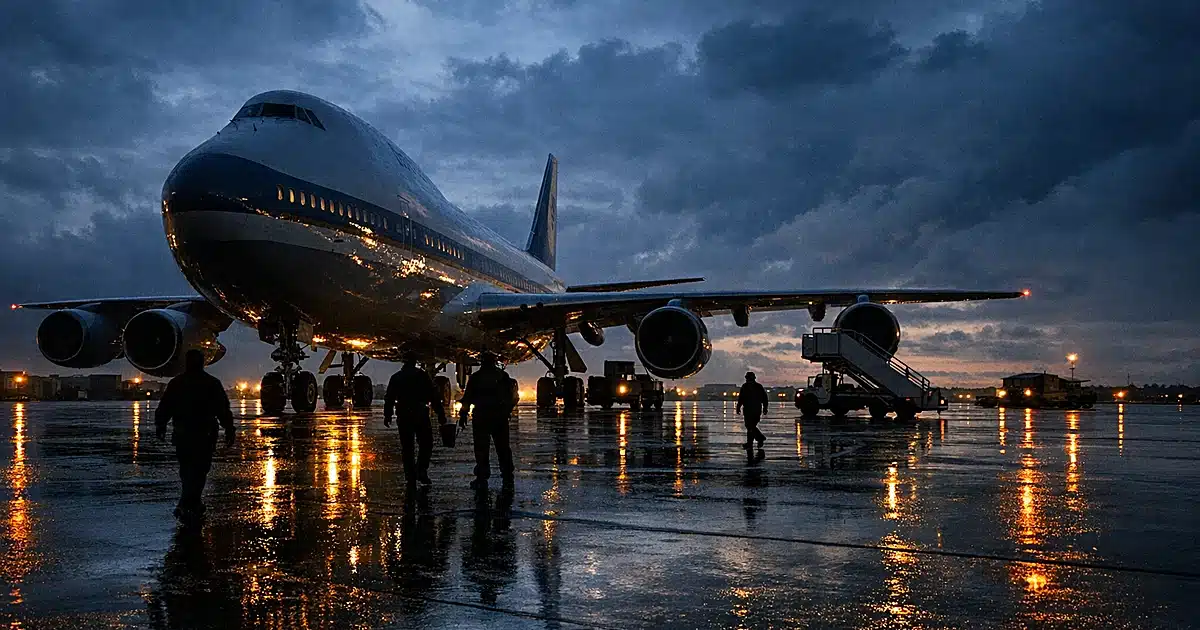 Large presidential aircraft on military airbase tarmac at dusk with storm clouds and ground crew silhouettes