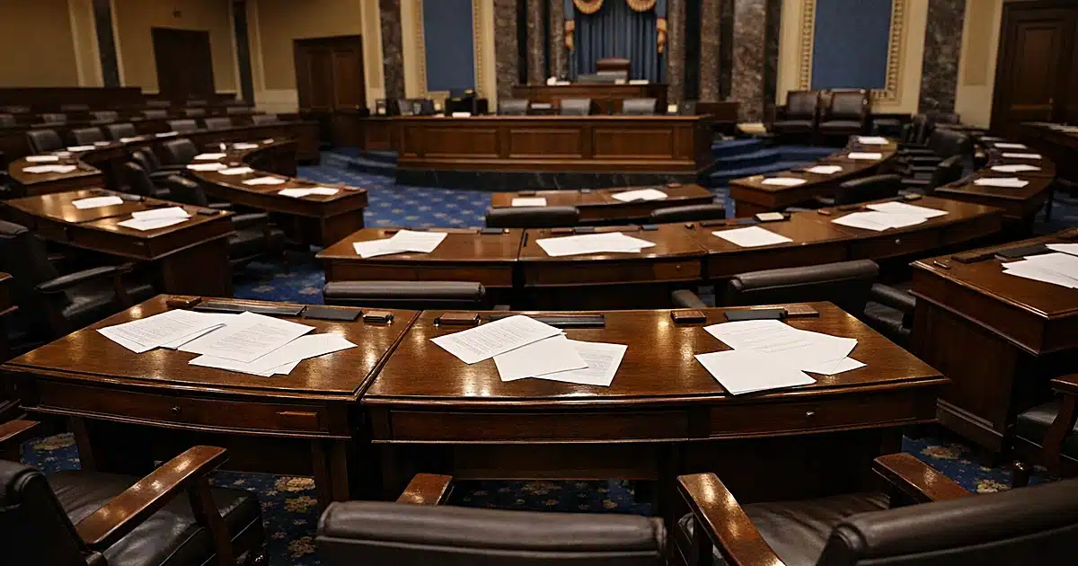 Interior view of Senate chamber with empty desks and scattered documents during legislative session