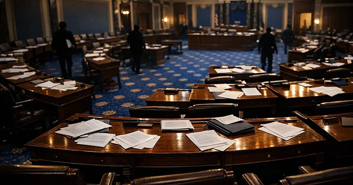 Empty Senate chamber floor with scattered papers on desks, silhouetted figures in background, dramatic overhead lighting