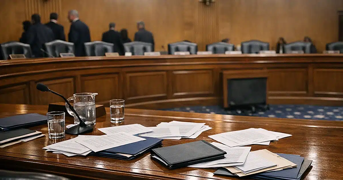 Empty Senate committee hearing room with scattered papers on curved dais and witness table