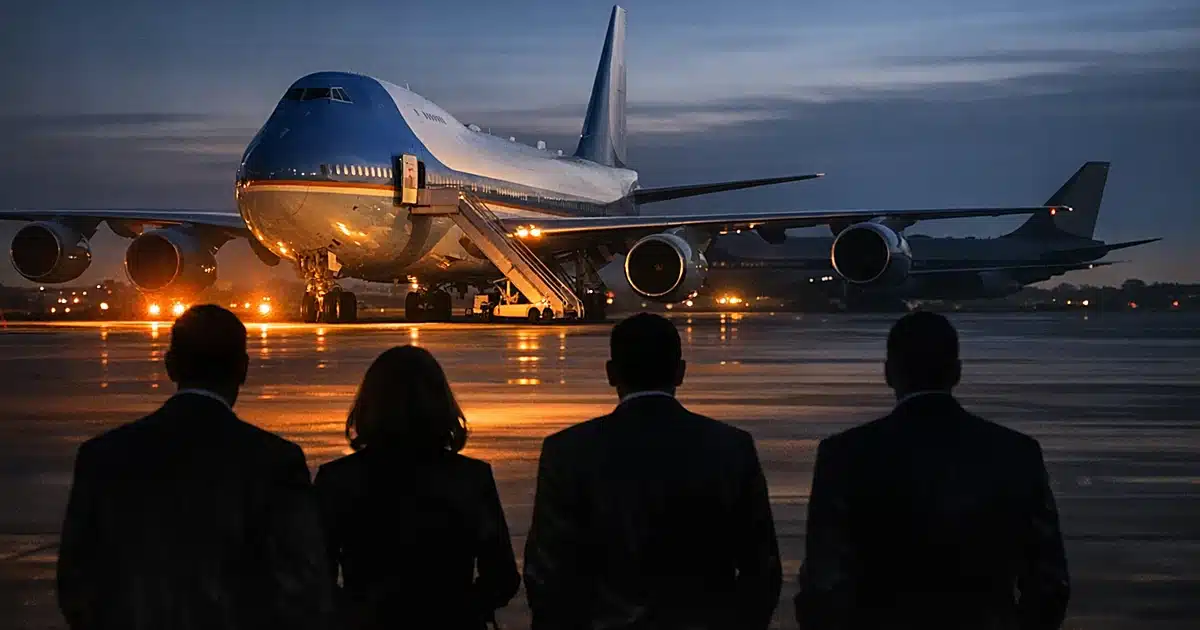 Silhouettes of people viewing a large presidential aircraft on tarmac with another plane visible in background