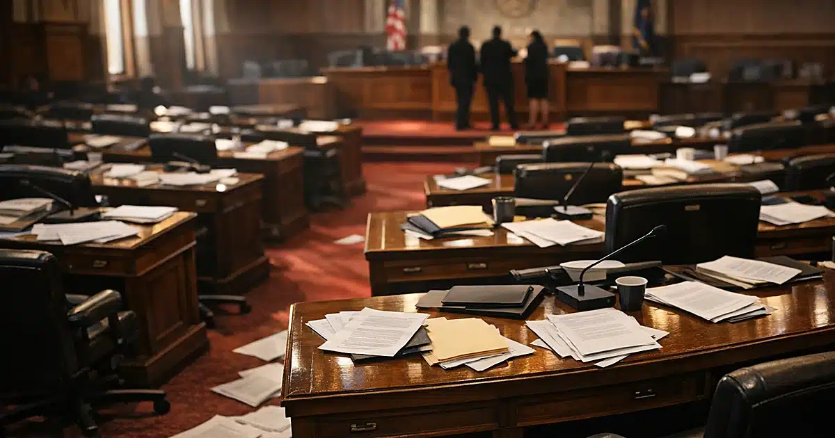 Empty legislative chamber with scattered papers on desks after primary election upset