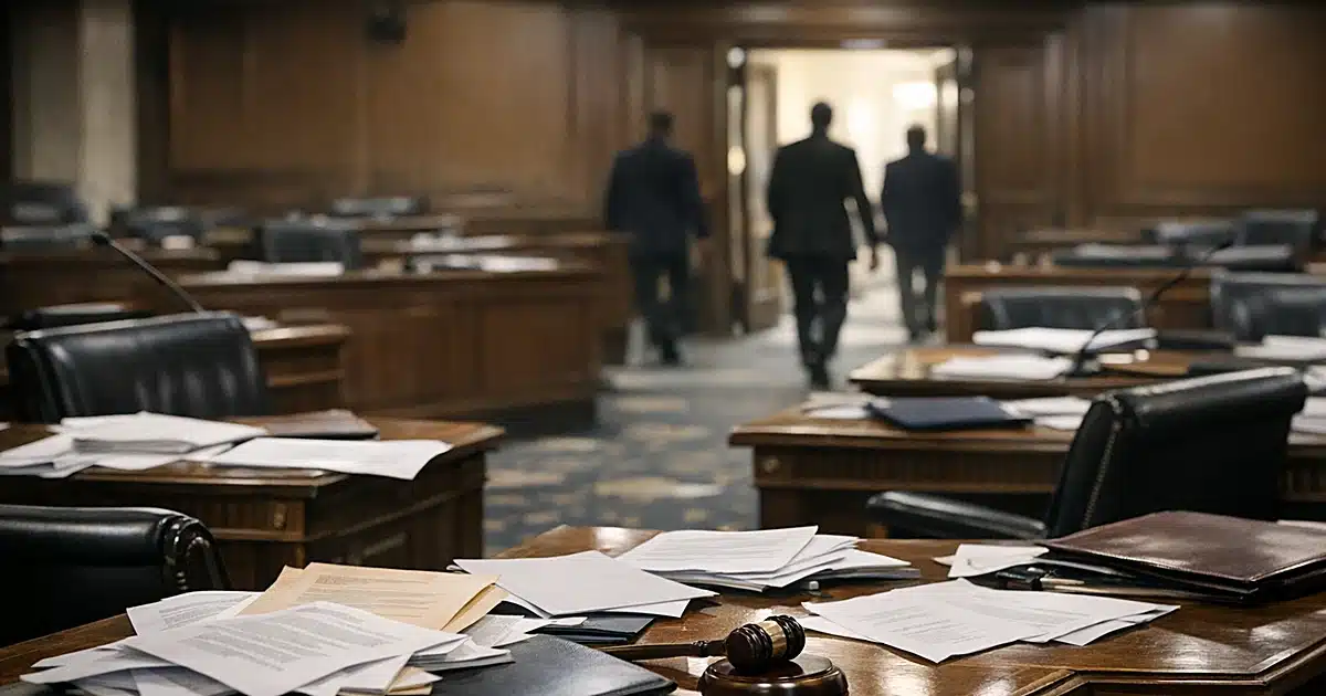 Empty legislative chamber with scattered papers on desks and silhouetted figures exiting through distant doorways
