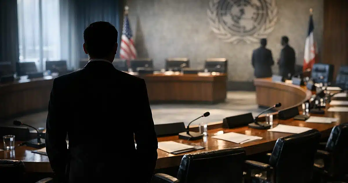 Empty UN conference room with curved desk arrangement and silhouetted figure standing with back to camera