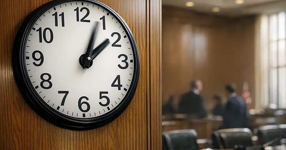 Institutional wall clock showing 2:00 in a legislative chamber with motion blur on the minute hand