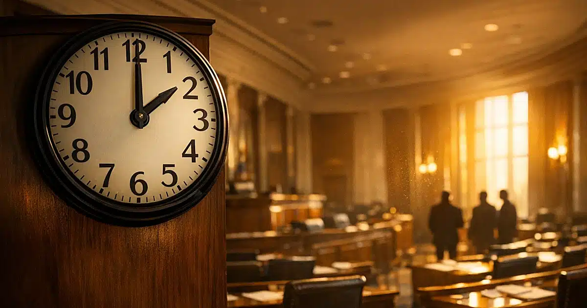 Large wall clock in empty legislative chamber with afternoon sunlight streaming through windows
