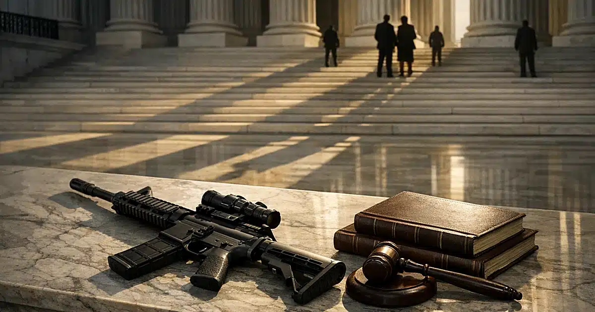 AR-15 rifle on marble surface with legal documents and gavel near Supreme Court columns casting dramatic shadows