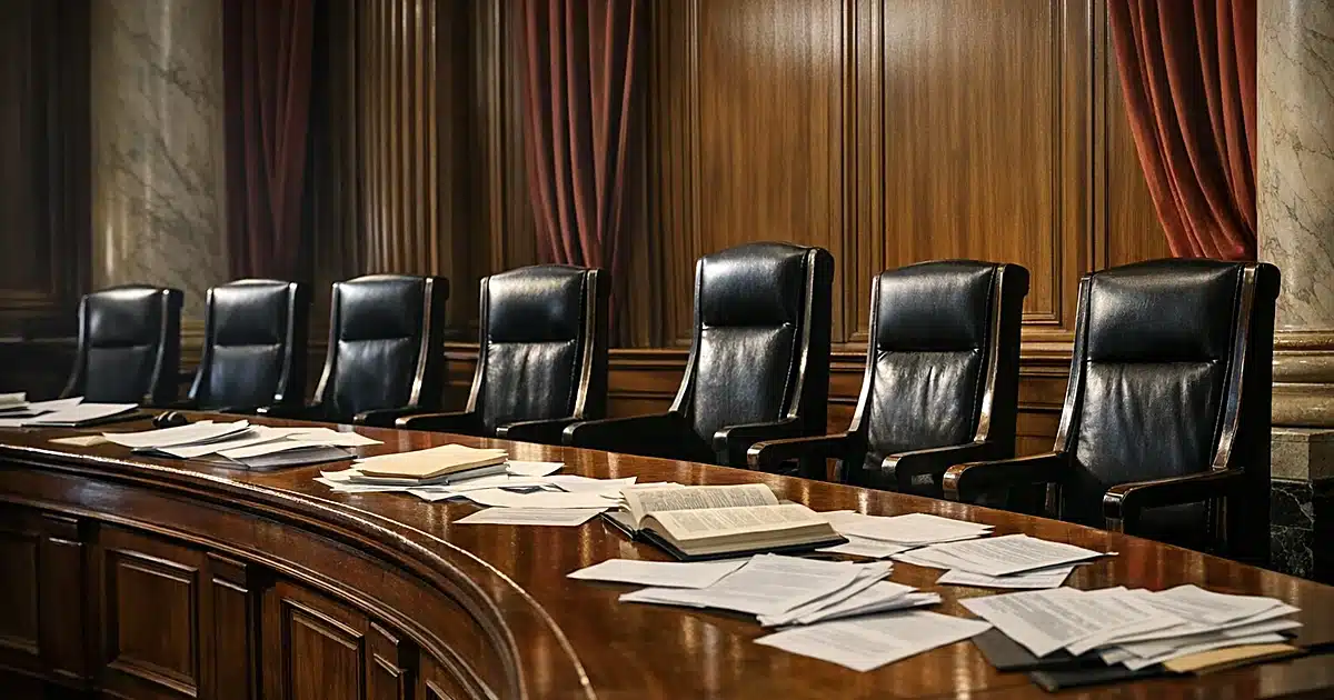 Empty Supreme Court bench with nine chairs and scattered legal documents, dramatic side lighting creating shadows