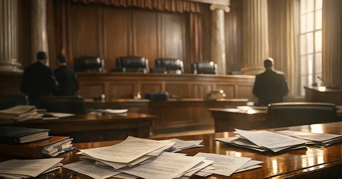 Empty Supreme Court-style judicial bench with scattered legal documents on counsel tables in afternoon light